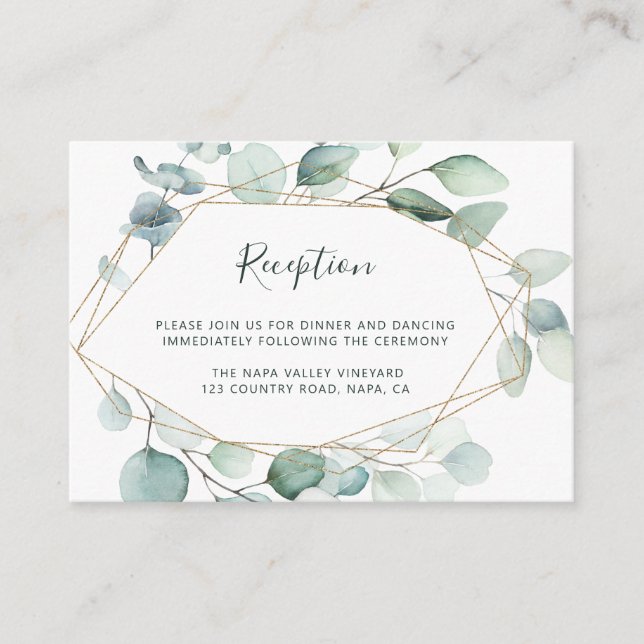 Gold Geometric Greenery Foliage Wedding Reception Enclosure Card (Front)