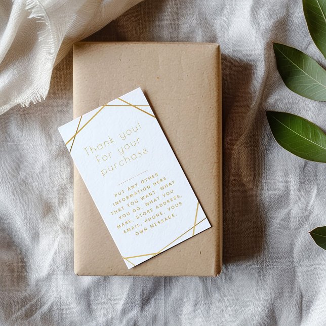 Gold geometric insert Card for customer orders (Minimalist thank-you card with gold geometric lines on white, placed on a kraft-wrapped gift)