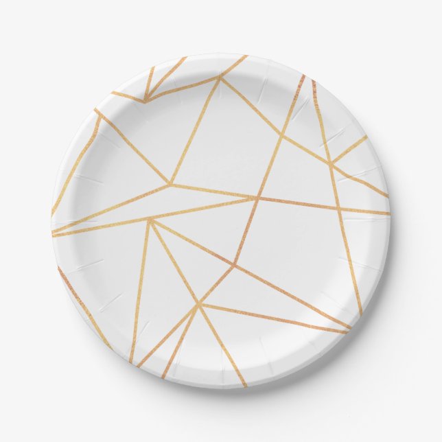 Gold Geometric Line Pattern White Paper Plate (Front)