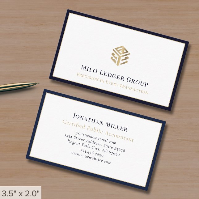 Gold Geometric Logo Navy Blue Border Business Card (Creator Uploaded)