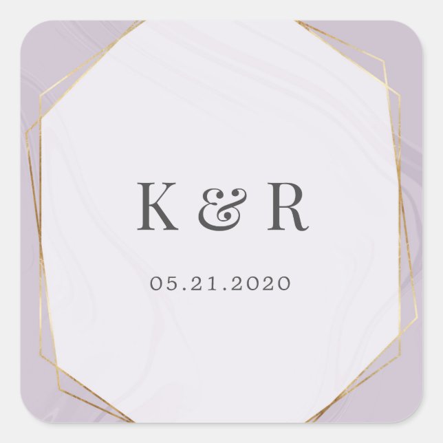 gold geometric marble wedding monogram square stic sticker (Front)