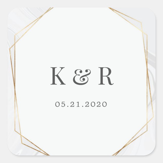 gold geometric marble wedding monogram square stic sticker (Front)