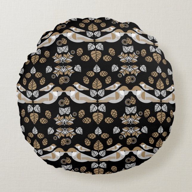 Gold Geometric Modern Abstract Bird Art Round Cushion (Front)