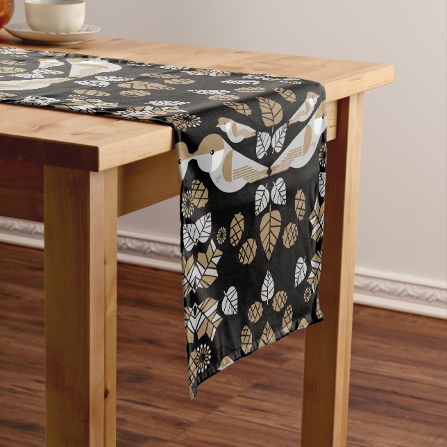 Gold Geometric Modern Abstract Bird Art Short Table Runner (In Situ)