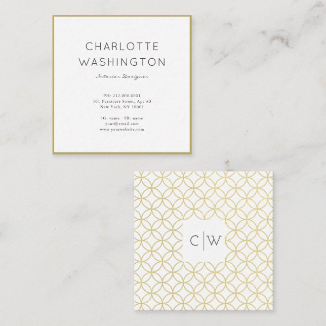 Gold Geometric Monogram Square Business Card (Front/Back)