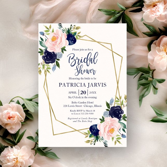 Gold Geometric Navy Blue Floral Bridal Shower Invitation (Creator Uploaded)