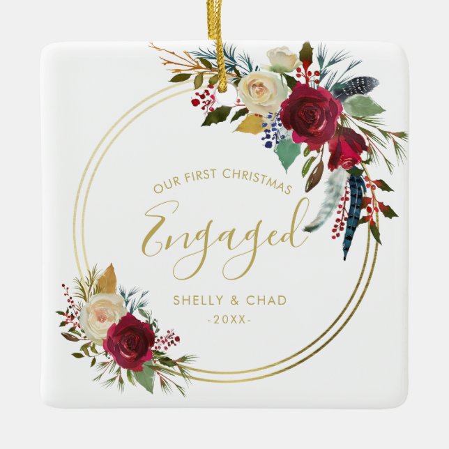 Gold Geometric Photo Our First Christmas Engaged Ceramic Ornament (Front)