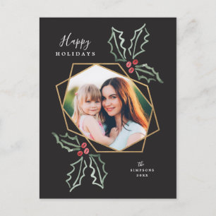 Gold Geometric Photo Watercolor Holly Christmas Postcard