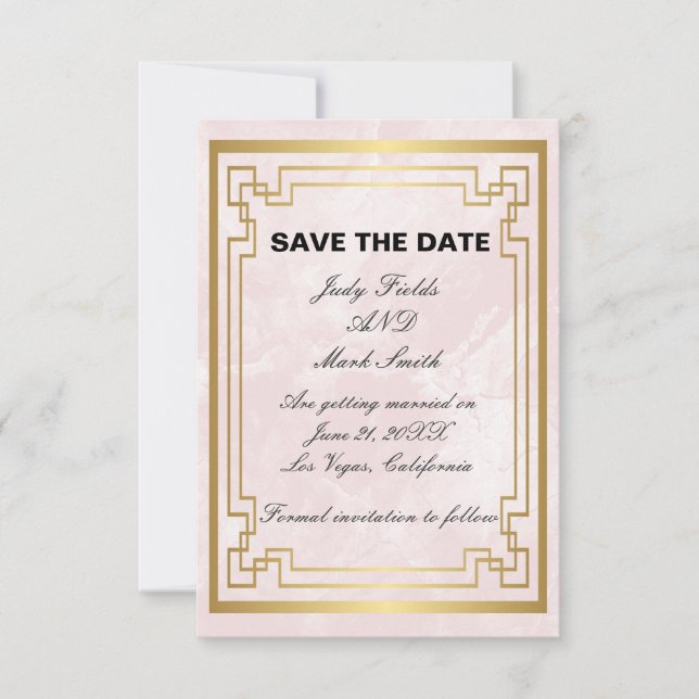 Gold Geometric Pink Marble Wedding Save The Date Thank You Card (Front)
