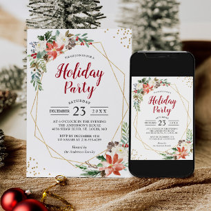 Gold Geometric Poinsettia Floral Holiday Party Invitation