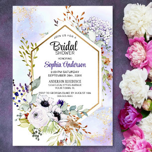 Gold Geometric Purple Floral Bridal Shower Invitation