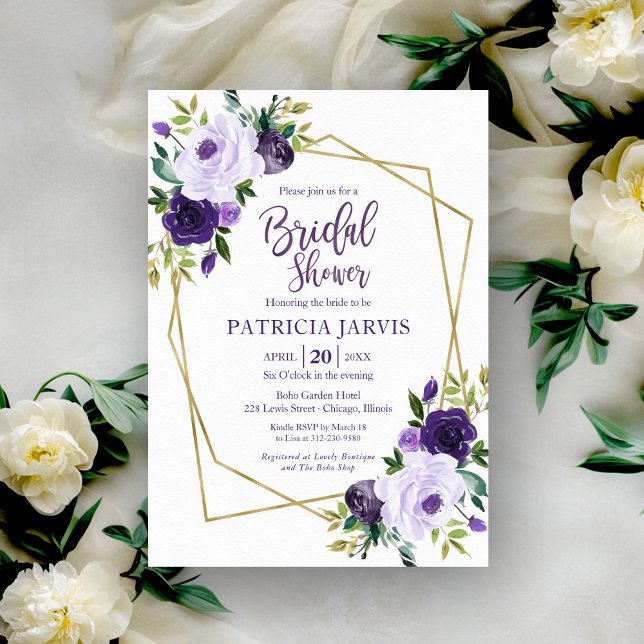 Gold Geometric Purple Floral Bridal Shower Invitation (Creator Uploaded)