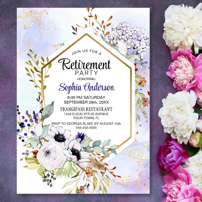 Gold Geometric Purple Floral Retirement Party Invitation (Creator Uploaded)