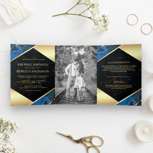 Gold Geometric Royal Blue Marble Photo Wedding Tri-Fold Invitation