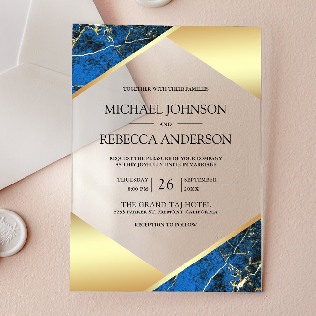 Gold Geometric Royal Blue Marble Wedding Acrylic Invitations (Creator Uploaded)