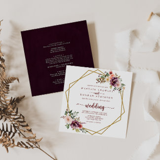 Gold Geometric Rustic Floral Front & Back Wedding  Invitation