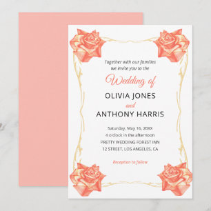 Gold Geometric Rustic Pastel Rose Floral Wedding  Invitation