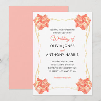 Gold Geometric Rustic Pastel Rose Floral Wedding  Invitation