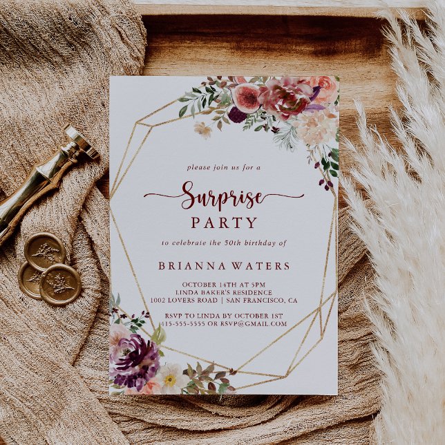 Gold Geometric Rustic Summer Floral Surprise Party Invitation (Creator Uploaded)