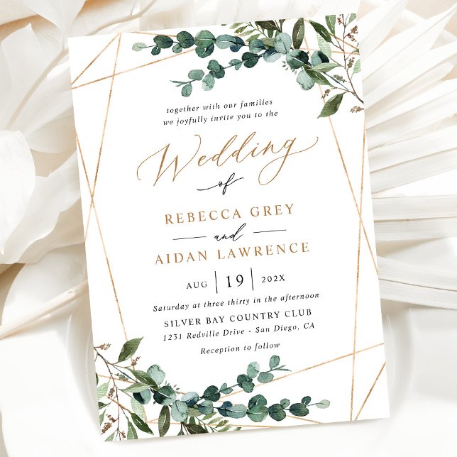 Gold Geometric Rustic Watercolor Greenery Wedding Invitation (Creator Uploaded)