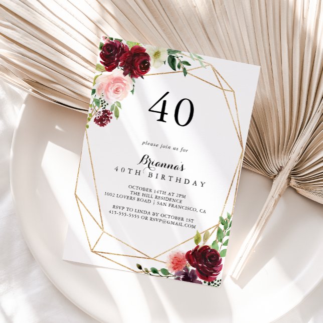 Gold Geometric Spring Floral 40th Birthday Party Invitation (Creator Uploaded)