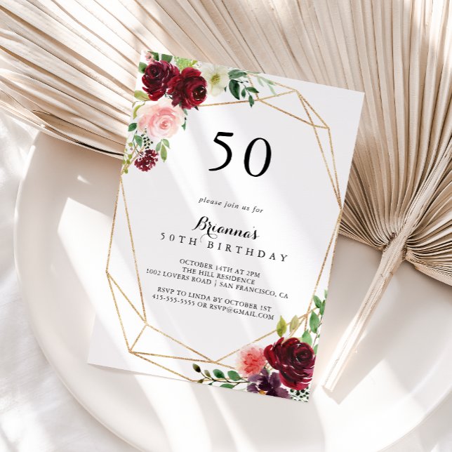 Gold Geometric Spring Floral 50th Birthday Party Invitation (Creator Uploaded)