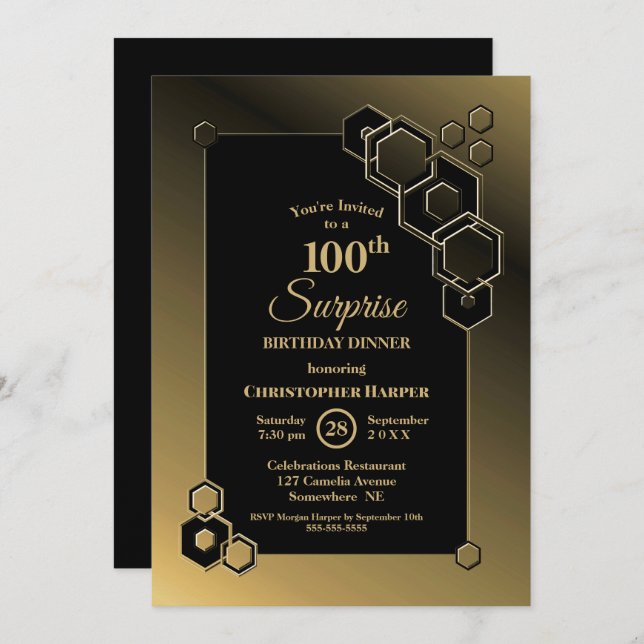 Gold Geometric Surprise 100th Birthday Dinner Invitation (Front/Back)