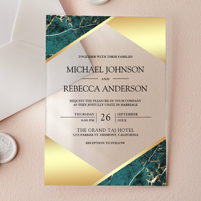 Gold Geometric Teal Marble Wedding Acrylic Invitations (Creator Uploaded)