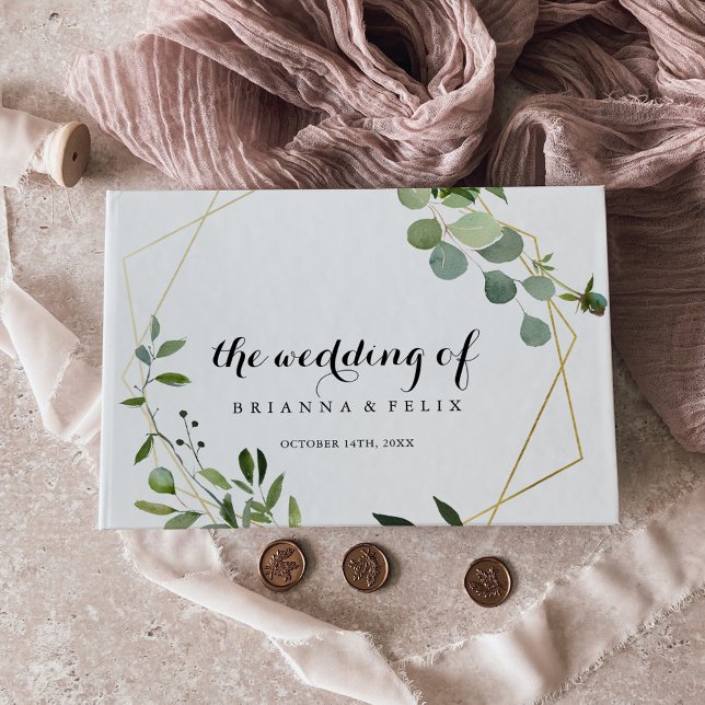 Gold Geometric Tropical Green Calligraphy Wedding Guest Book (Creator Uploaded)