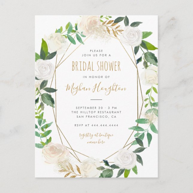 Gold Geometric Watercolor Floral Bridal Shower Invitation Postcard (Front)