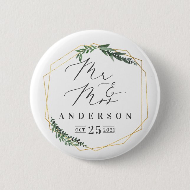 gold geometric watercolor foliage 6 cm round badge (Front)