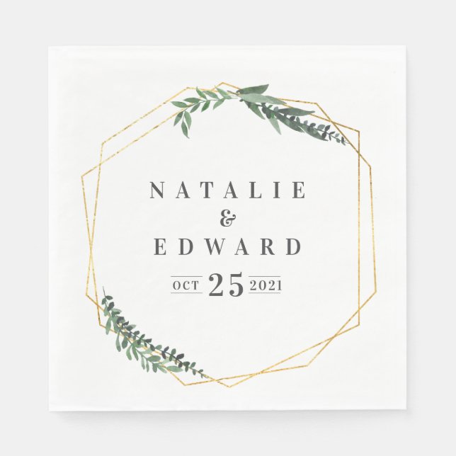 gold geometric watercolor foliage napkin (Front)