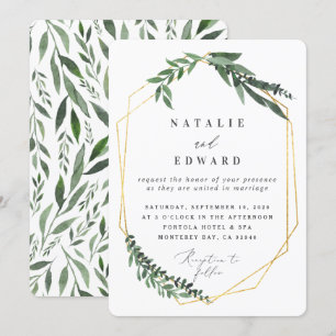 gold geometric watercolor greenery invitation