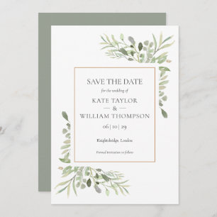 Gold Geometric Watercolor Greenery Save the Date Invitation