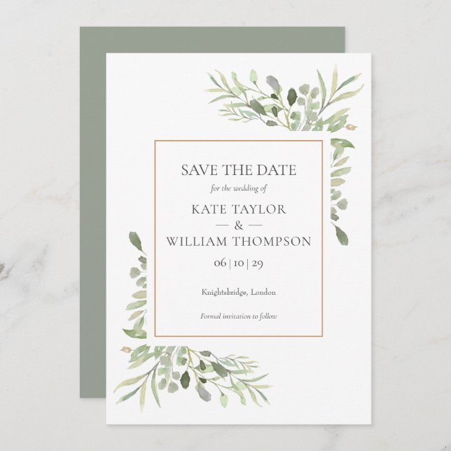 Gold Geometric Watercolor Greenery Save the Date Invitation (Front/Back)