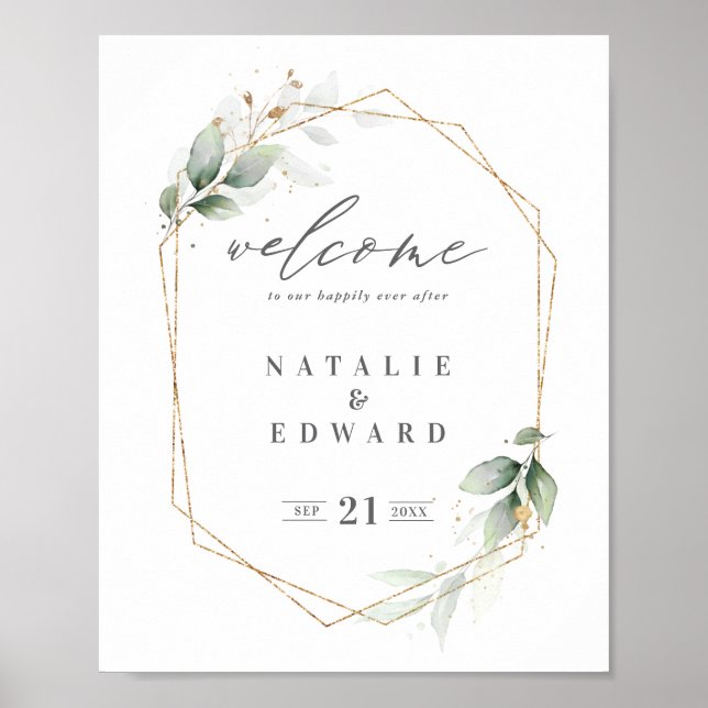 gold geometric watercolor greenery wedding poster (Front)
