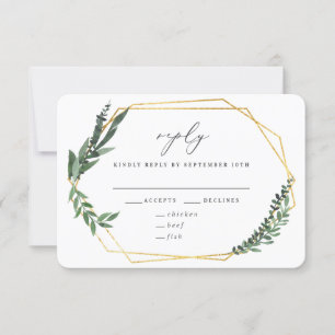 gold geometric watercolor greenery wedding RSVP card