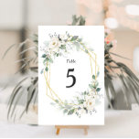 Gold geometric white floral f wedding table number<br><div class="desc">A lovely gold and green design with painted white watercolor flowers. The text and colours on this card can be personalised.</div>