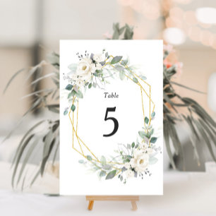 Gold geometric white floral f wedding table number