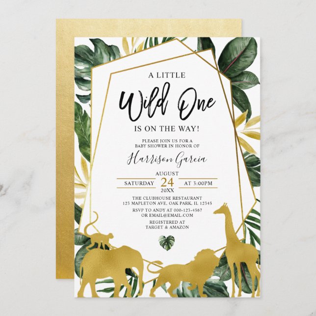 Gold Geometric Wild One Jungle Animals Baby Shower Invitation (Front/Back)