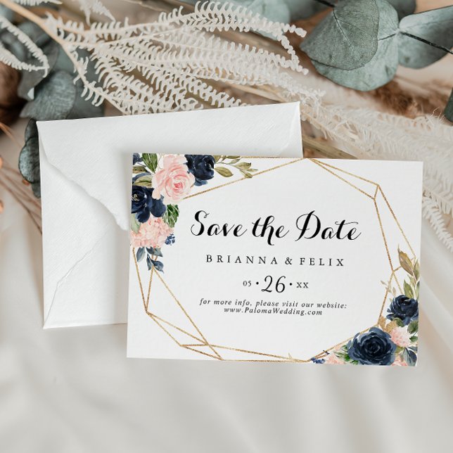 Gold Geometric Winter Floral Horizontal Wedding Save The Date (Creator Uploaded)