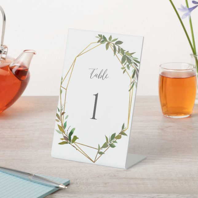 Gold Geometrics Greenery Wedding Table Number Pedestal Sign (In SItu)