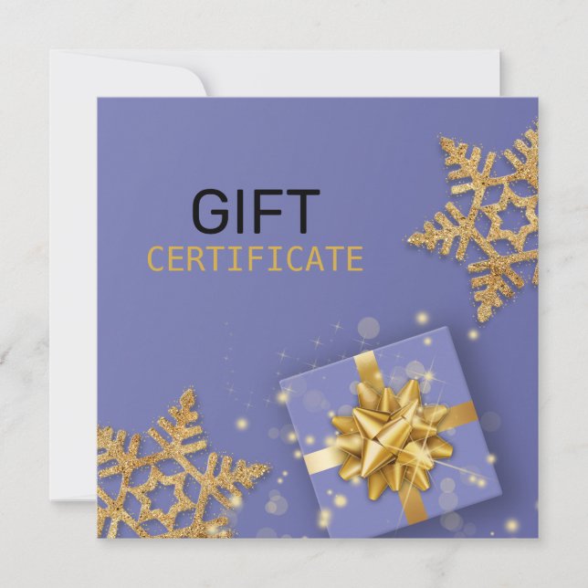 Gold Gift Bow Glitter Snowflakes Blue Gift Card (Front)