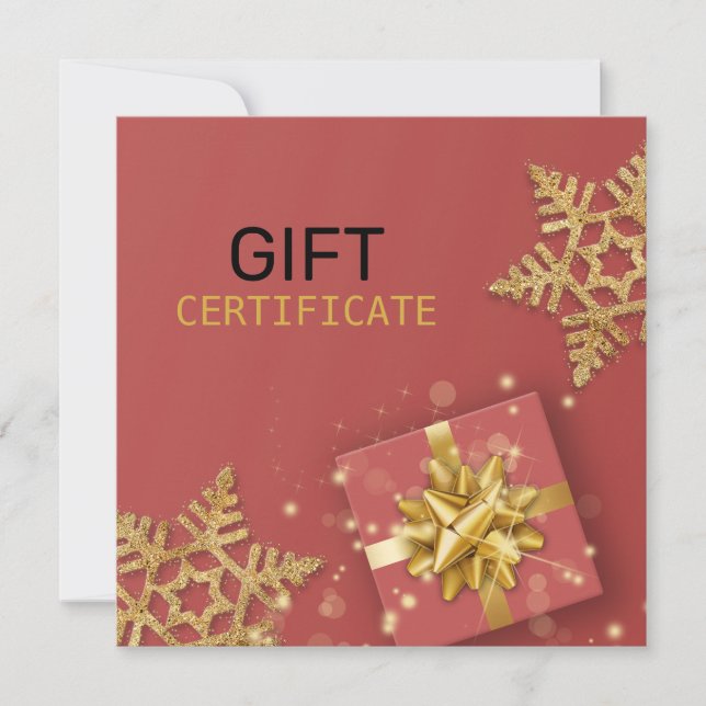 Gold Gift Box Glitter Snowflakes Red Gift Card (Front)