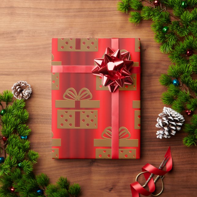 Gold Gift Boxes on Red Contemporary Christmas Wrapping Paper (Creator Uploaded)