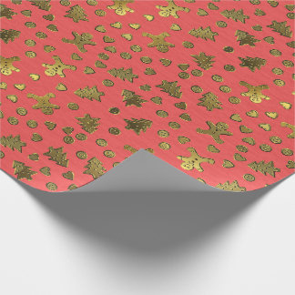 Gold Ginger Bread On Pink Christmas Wrapping Paper