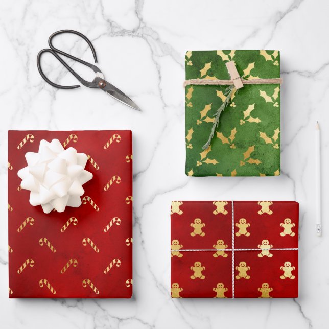 Gold Gingerbread Men, Holly and Candy Canes Wrapping Paper Sheet (Front)