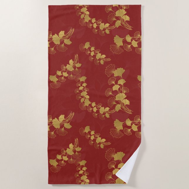 Gold Gingko Balboa Leaves on Dark Red Background Beach Towel (Front)