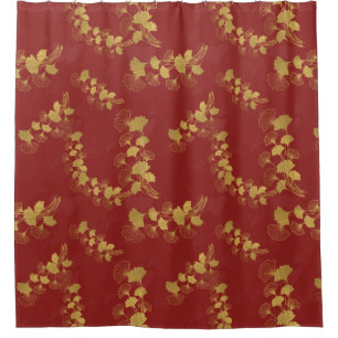 Gold Gingko Balboa Leaves on Dark Red Background Shower Curtain