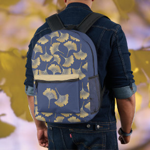 Gold Gingko Leaves on Slate Blue Monogram Printed Backpack